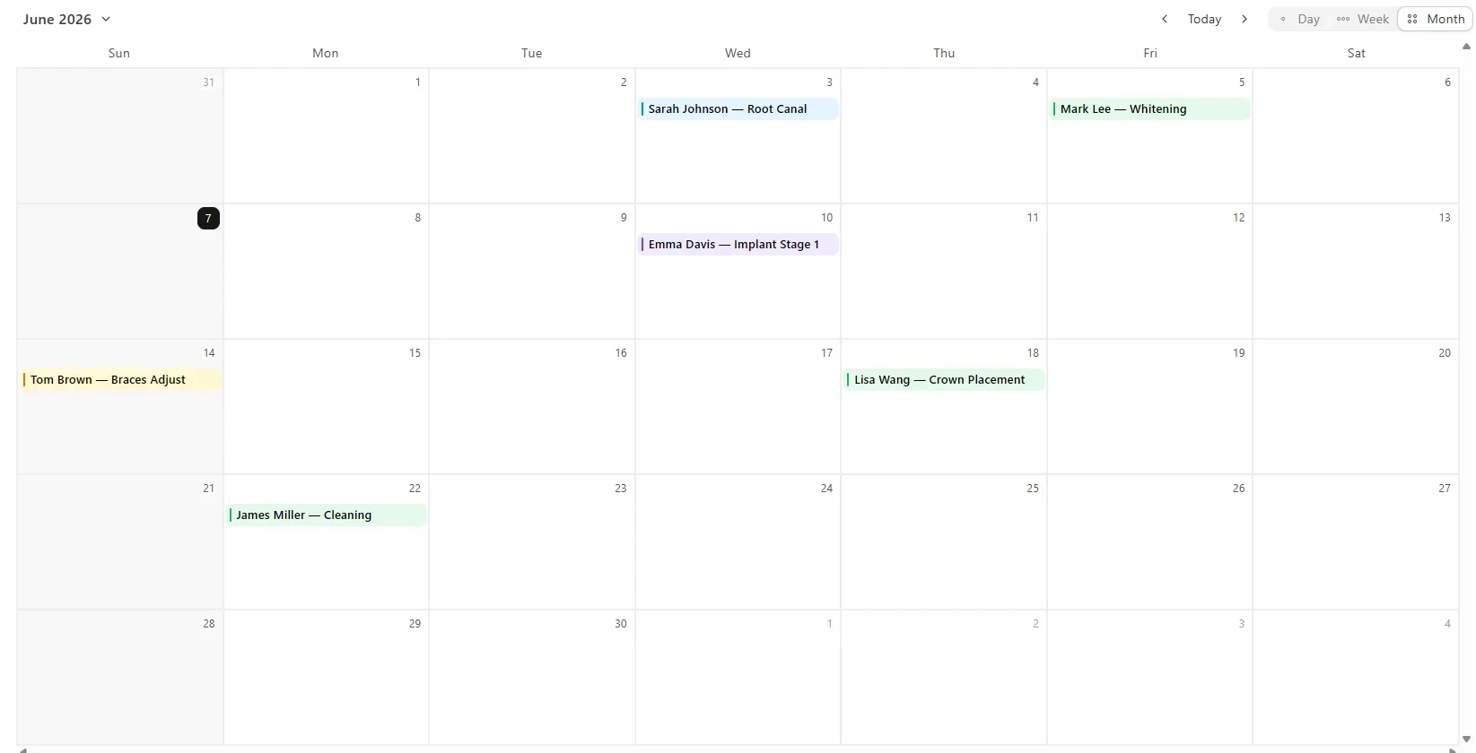 The same June in Dently's calendar: every appointment in its slot, colour-coded by treatment