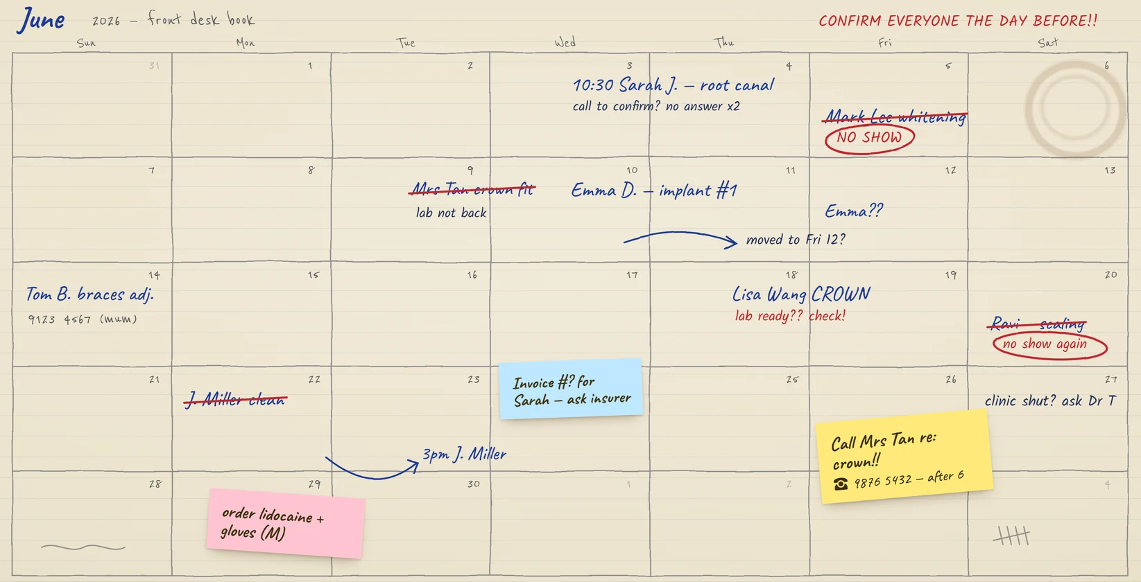 A handwritten front-desk appointment book for June: crossed-out no-shows, a moved implant appointment, phone numbers in the margins and sticky notes to call patients back