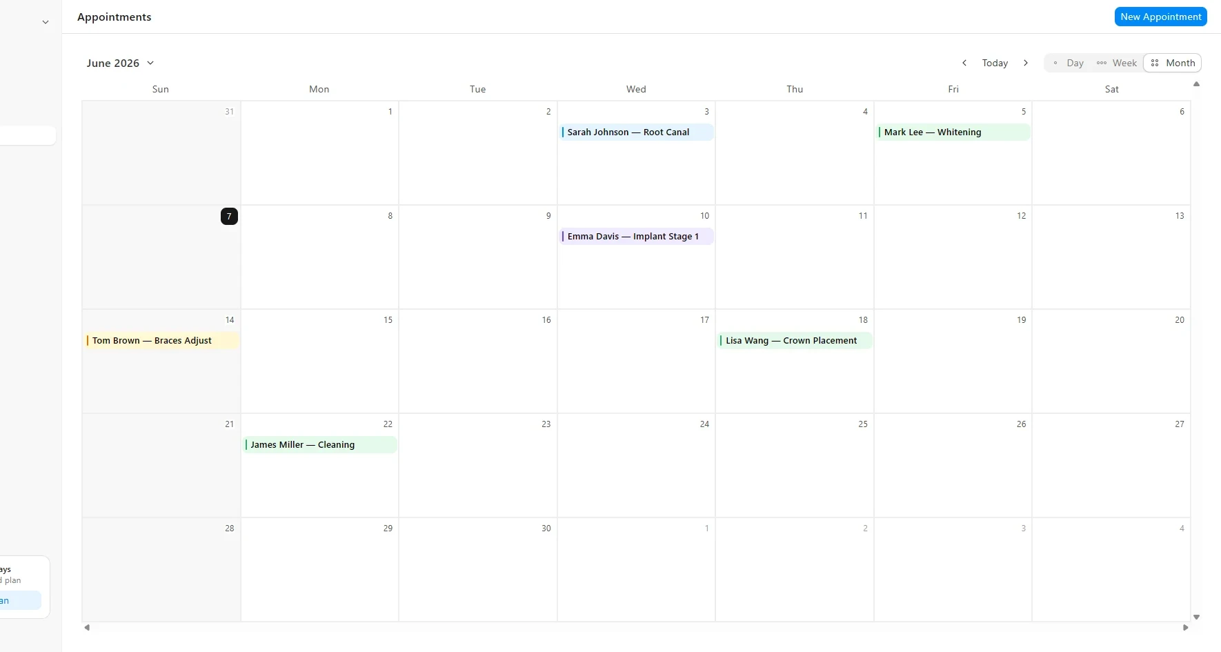 Dently's calendar with a month of colour-coded appointments across dentists